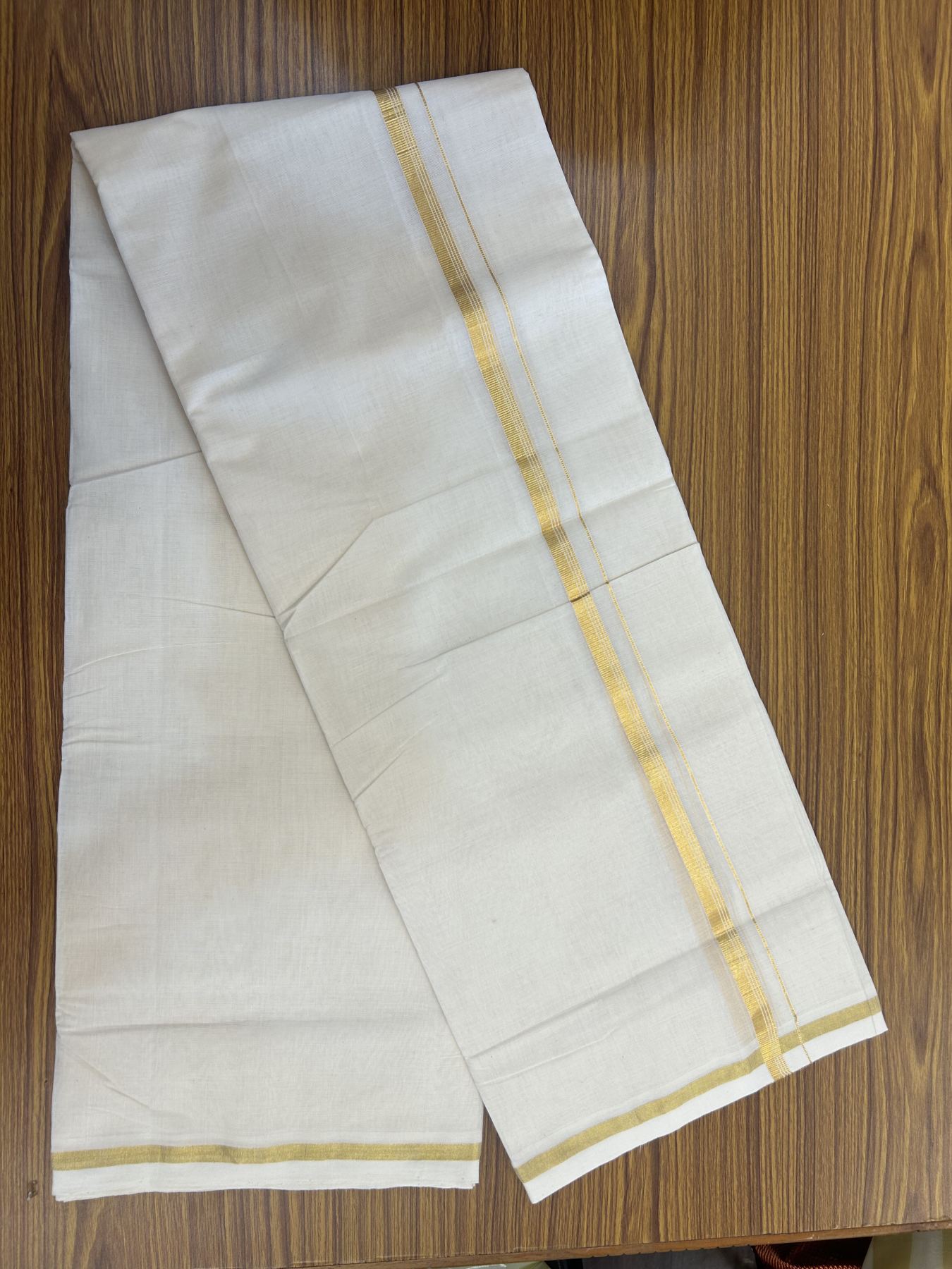 25% Discount!! KaithariKada Handloom Millpaav - Kerala Handloom - 100% Pure Cotton Off White Double - (Unbleached) Mundu/Dothi - 80x90 - 0.5 Inch Gold Kasav Stripes kara 4mtr (8.5 muzham) - 1 KK5332 RAM