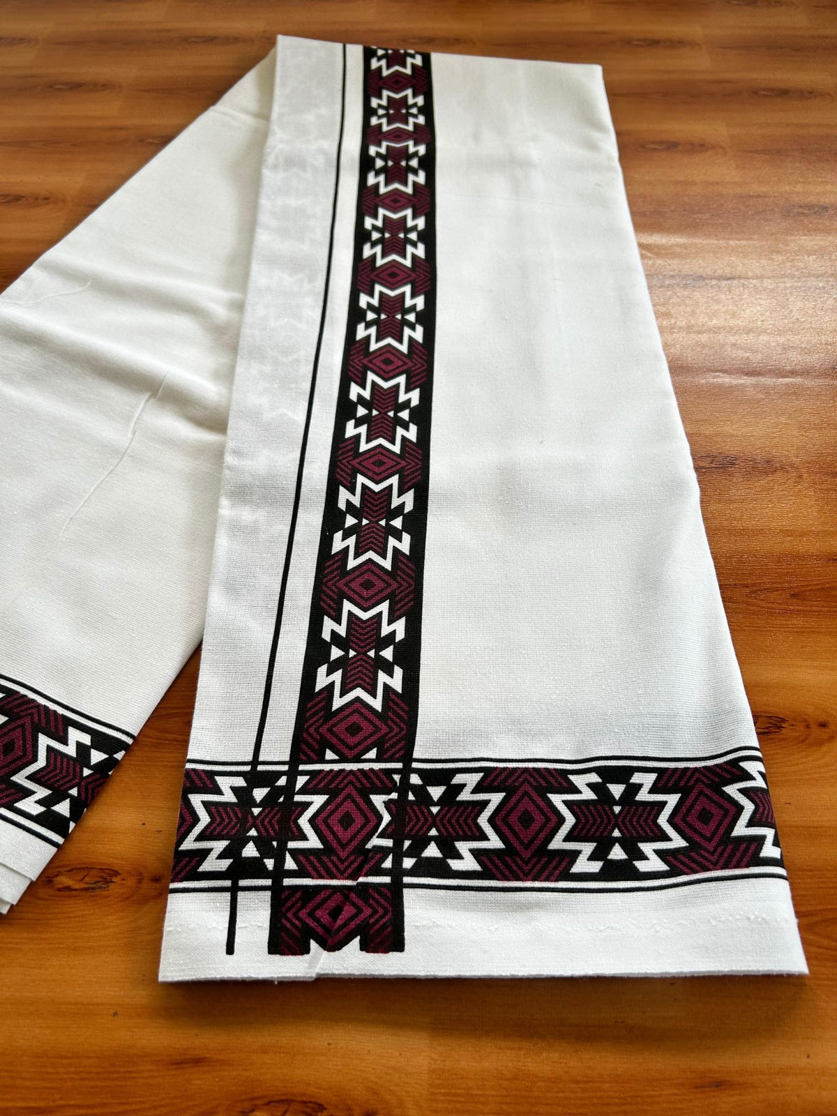 Single White Kerala Mund Polyster Mixed Cotton - (20s) - Kaily / Lungi - 2 inch Wine Printed Kara (2 meter / 4 muzham) - 9 KK8070 GAN