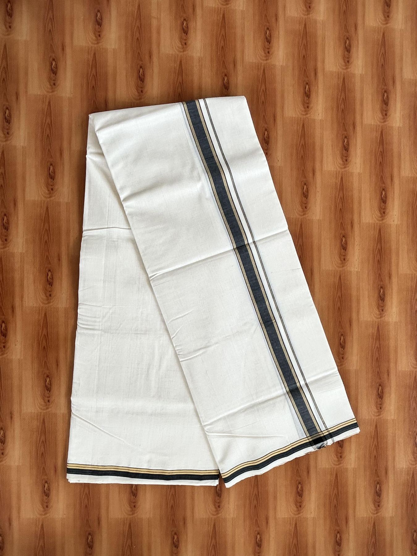 Double Off White (Unbleached) Mundu/Dhoti - 25% Discount!! KaithariKada Handloom Unakkupaav - Kerala Handloom - 100% Pure Cotton - 100x80 - 1 inch Yellow & Black Shaded Striped Kara 4 meter (8.5 muzham) - 22 KK5436 REA