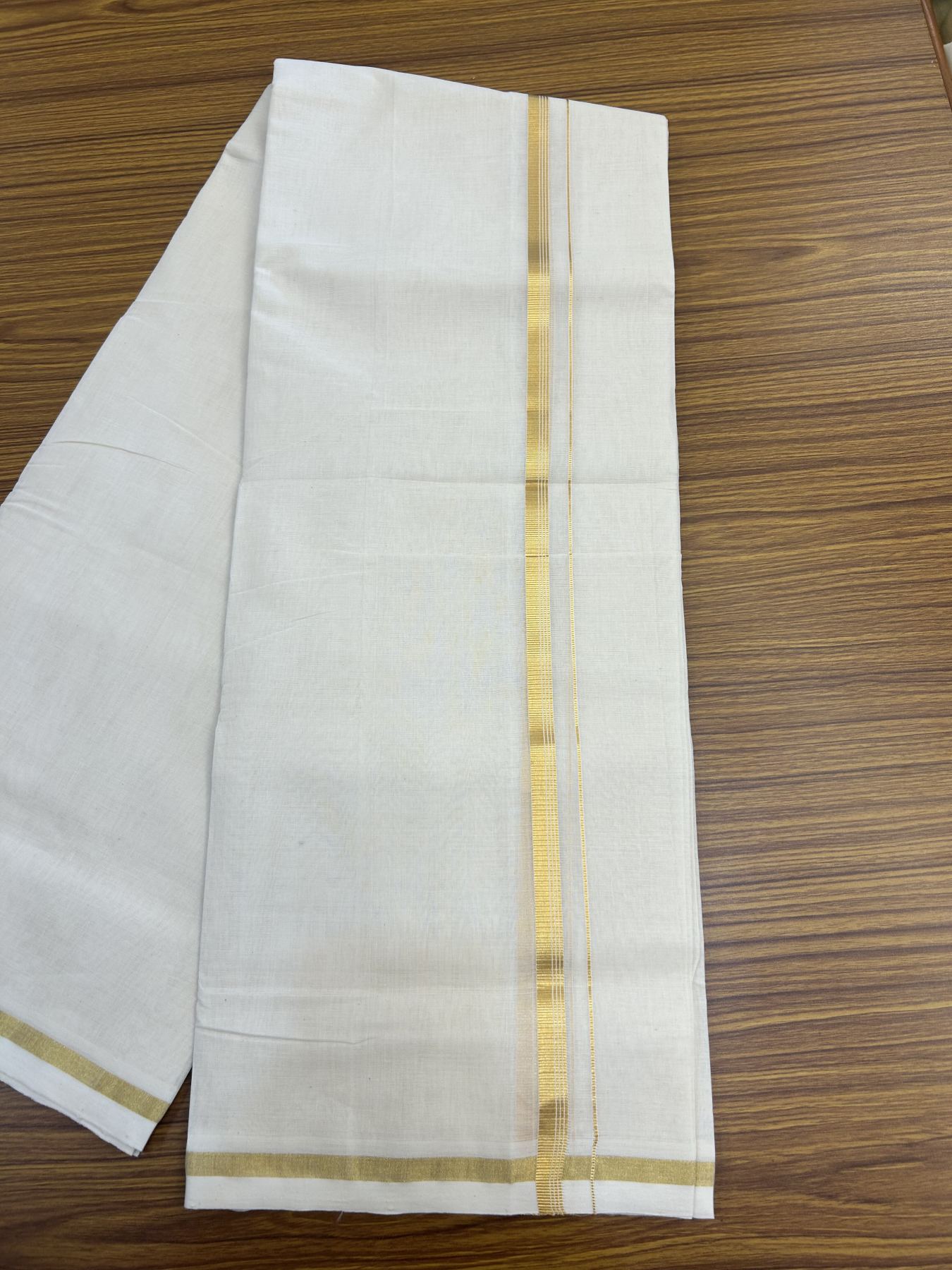 25% Discount!! KaithariKada Handloom Millpaav - Kerala Handloom - 100% Pure Cotton Off White Double - (Unbleached) Mundu/Dothi - 80x90 - 0.5 Inch Gold Kasav Stripes kara 4mtr (8.5 muzham) - 1 KK5332 RAM
