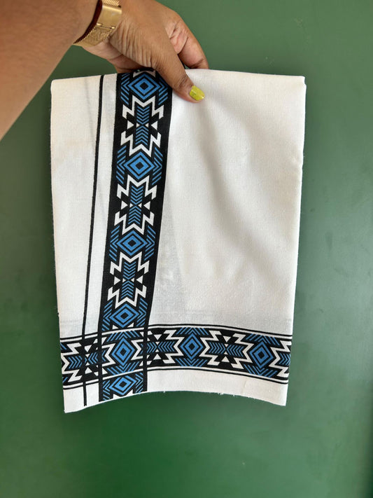 Single White Kerala Mund Polyster Mixed Cotton - (20s) - Kaily / Lungi - 2 inch Blue Printed Kara (2 meter / 4 muzham) - 7 KK8070 GAN