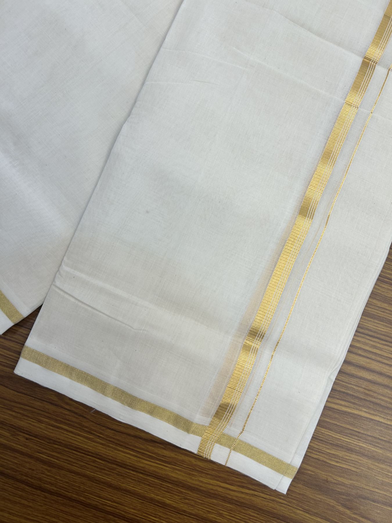 25% Discount!! KaithariKada Handloom Millpaav - Kerala Handloom - 100% Pure Cotton Off White Double - (Unbleached) Mundu/Dothi - 80x90 - 0.5 Inch Gold Kasav Stripes kara 4mtr (8.5 muzham) - 1 KK5332 RAM
