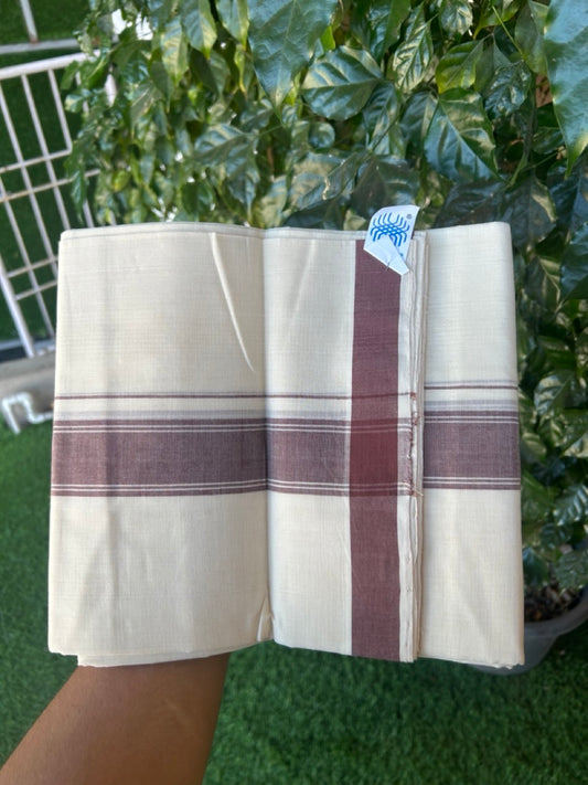 25% Discount KaithariKada Handloom Unakkupaav Balaramapuram - 100% PURE Cotton off white (Unbleached) Double Mundu/Dhoti - 80X90 - 1.75 inch Brown Side Striped Kara 3.80 mtr (8 muzham) - 8 KK5293 ELA