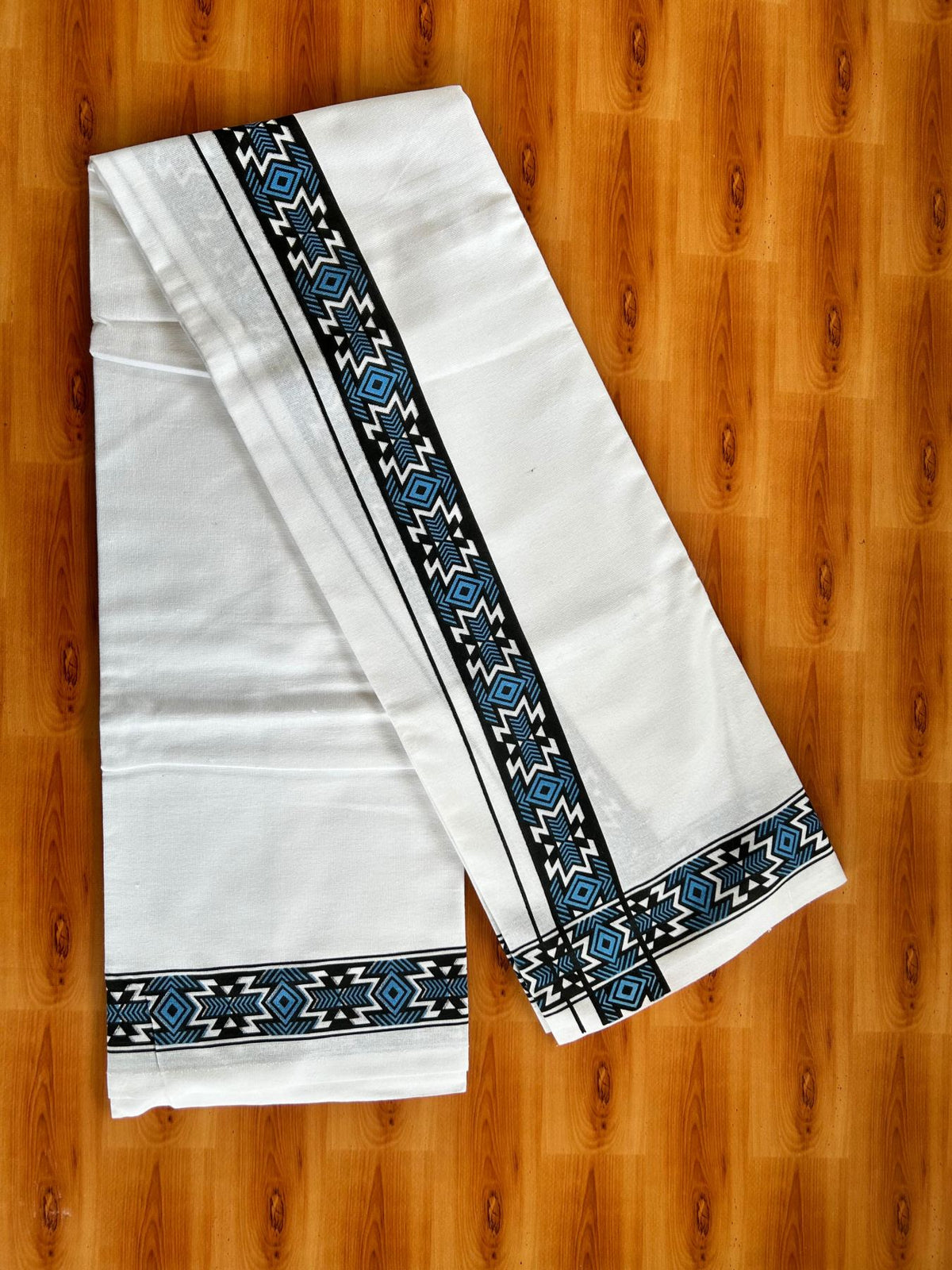 Single White Kerala Mund Polyster Mixed Cotton - (20s) - Kaily / Lungi - 2 inch Blue Printed Kara (2 meter / 4 muzham) - 7 KK8070 GAN