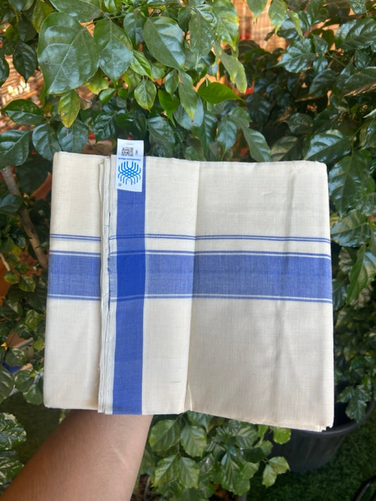 25% Discount KaithariKada Handloom Unakkupaav Balaramapuram - 100% PURE Cotton off white (Unbleached) Double Mundu/Dhoti - 80X90 - 1.75 inch Blue Side Striped Kara 3.80 mtr (8 muzham) - 7 KK5293 ELA
