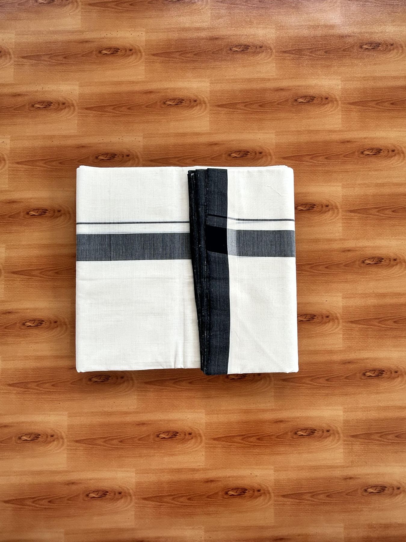 Double Off White (Unbleached) Mundu/Dhoti - 25% Discount!! KaithariKada Handloom Unakkupaav - Kerala Handloom - 100% Pure Cotton - 100x80 - 1.25 inch Black Shaded Kara 4 meter (8.5 muzham) - 23 KK5436 REA