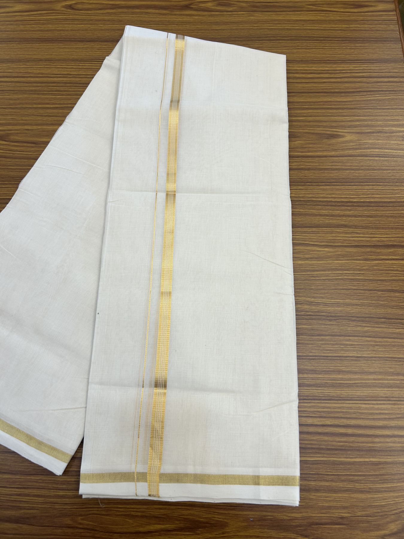 25% Discount!! KaithariKada Handloom Millpaav Balaramapuram - 100% Pure Cotton Off White Double - (Unbleached) Mundu/Dothi - 80x90 - 1.5 cm Gold Kasav Stripes kara 4mtr (8.5 muzham) - 2 KK5332 RAM