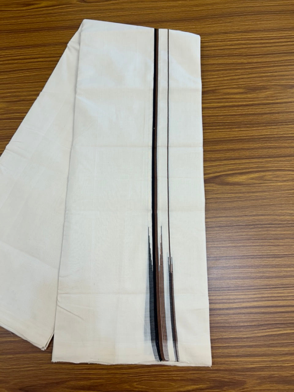 25% Discount ! KaithariKada Handloom Unakkupaav Balaramapuram -  Cotton Off White (Unbleached) Double Mundu/Dothi - 100x80 - 0.5 inch Puliyilakkara Black &  Brown Stripes chutty 4 mtr (8.5 muzham) - 5 KK5233 REA
