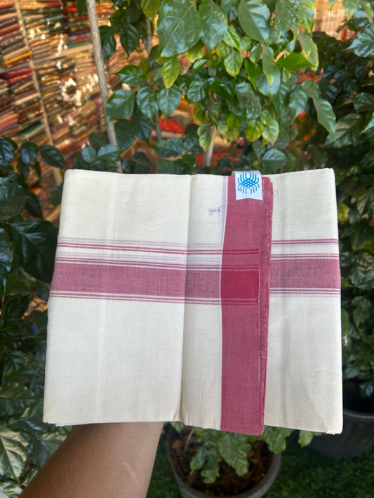 25% Discount KaithariKada Handloom Unakkupaav Balaramapuram - 100% PURE Cotton off white (Unbleached) Double Mundu/Dhoti - 80X90 - 1.5 inch Light Maroon Side Striped Kara 3.80 mtr (8 muzham) - 9 KK5293 ELA