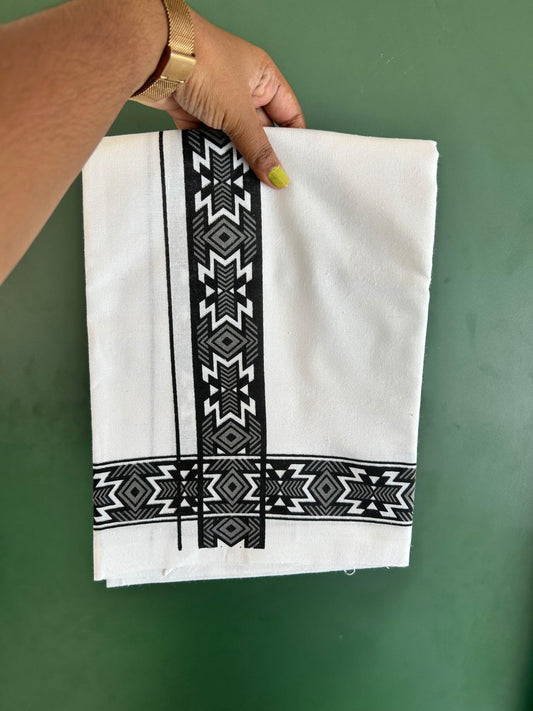 Single White Kerala Mund Polyster Mixed Cotton - (20s) - Kaily / Lungi - 2 inch Ash Grey Printed Kara (2 meter / 4 muzham) - 4 KK8070 GAN
