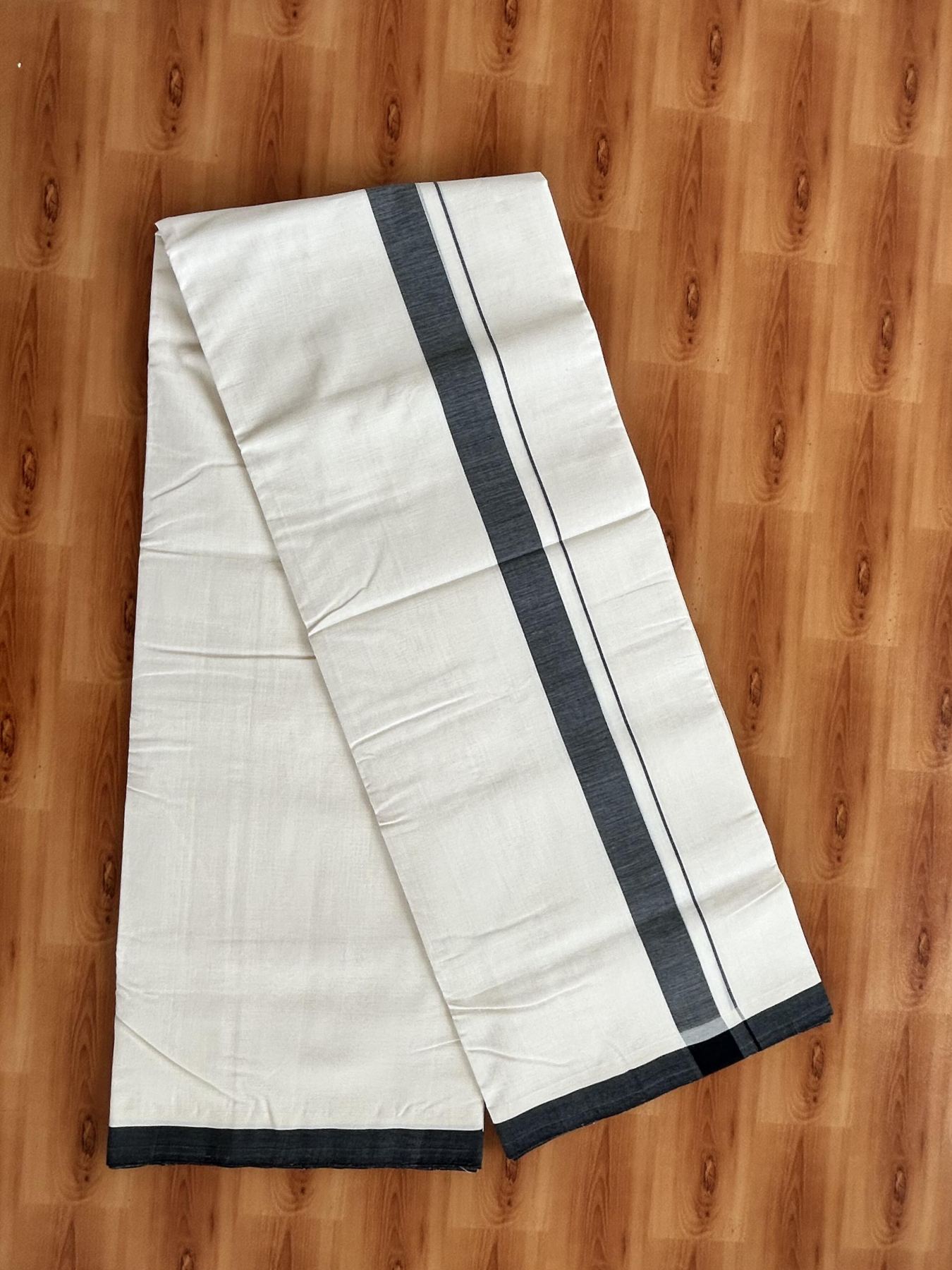 Double Off White (Unbleached) Mundu/Dhoti - 25% Discount!! KaithariKada Handloom Unakkupaav - Kerala Handloom - 100% Pure Cotton - 100x80 - 1.25 inch Black Shaded Kara 4 meter (8.5 muzham) - 23 KK5436 REA