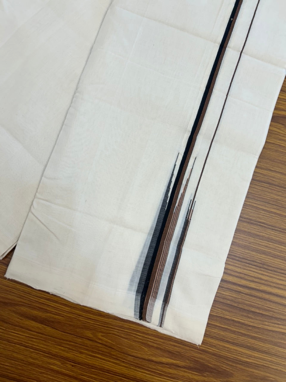 25% Discount ! KaithariKada Handloom Unakkupaav Balaramapuram -  Cotton Off White (Unbleached) Double Mundu/Dothi - 100x80 - 0.5 inch Puliyilakkara Black &  Brown Stripes chutty 4 mtr (8.5 muzham) - 5 KK5233 REA