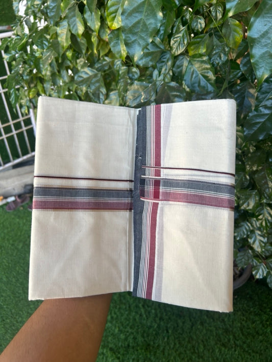 ADMK VESHTI - 20% DISCOUNT! KaithariKada 100% Cotton off white Double - (Unbleached) Mundu/Dhoti - 100X100 - 1.25 inch inch Silver Kasav Black Maroon & White Striped kara - 10 KK5293 ASH