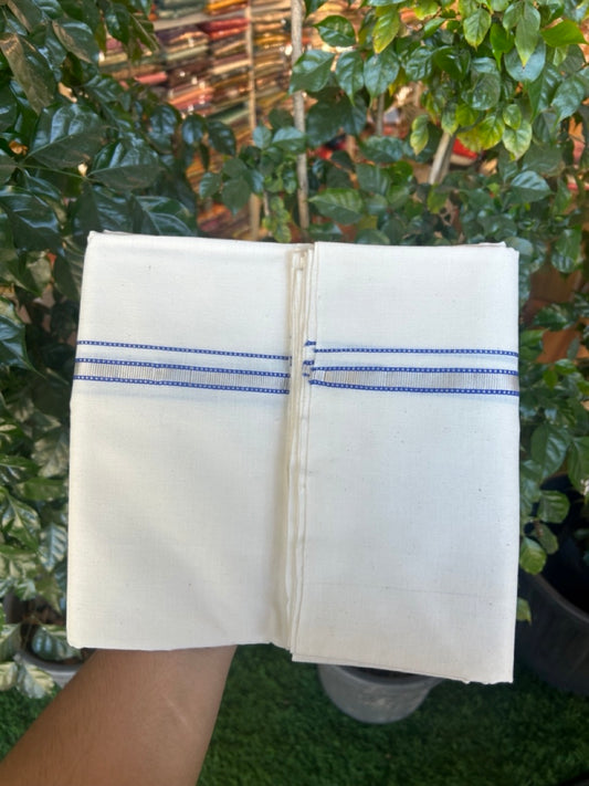 25% DISCOUNT!! SIGNATURE KAITHARIKADA EXCLUSIVE SINGLE DHOTI - 100% Cotton Balaramapuram HANDLOOM Single Mundu/Dhoti - Off White (Unbleached) 0.5 inch Silver Kasav & Blue Design Kara (2 meter / 4 muzham) - 1 KK5293 KAI