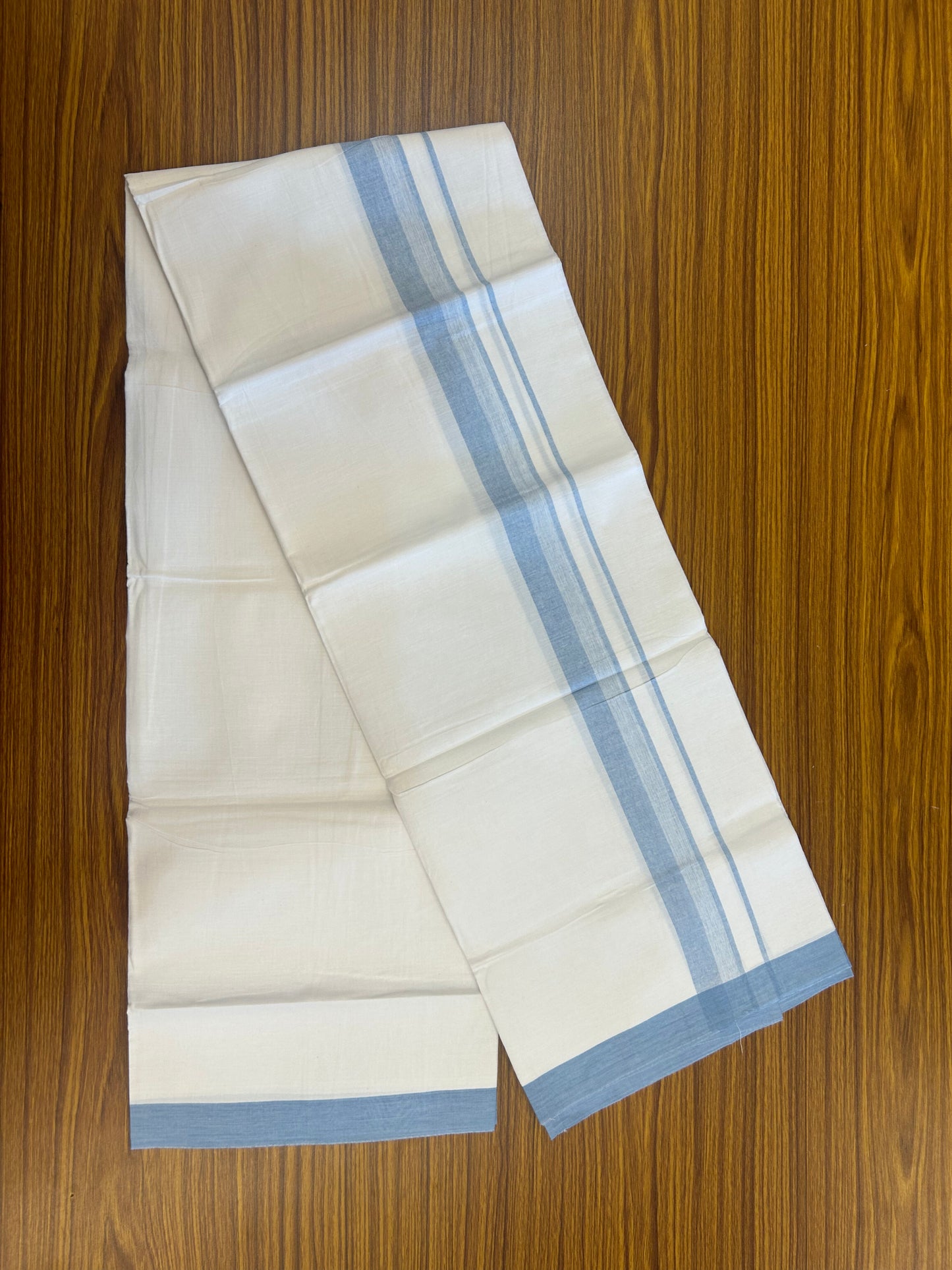 KaithariKada Balaramapuram 100% Cotton Single Pure White Mundu/Dhoti - (40s) - 1.5 inch Light Blue Shaded Stripes kara 2 mtr (4 muzham) - 60 KK5359 THI