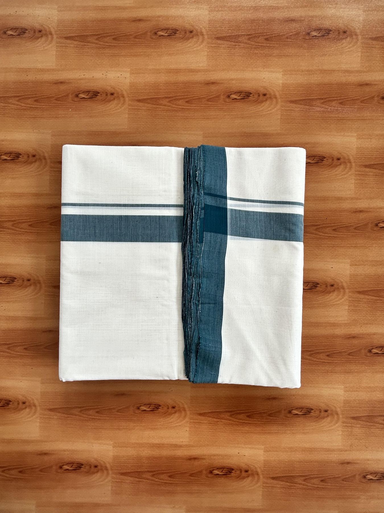 Double Off White (Unbleached) Mundu/Dhoti - 25% Discount!! KaithariKada Handloom Unakkupaav - Kerala Handloom - 100% Pure Cotton - 100x80 - 1 inch Dark Green Shaded Kara 4 meter (8.5 muzham) - 24 KK5436 REA