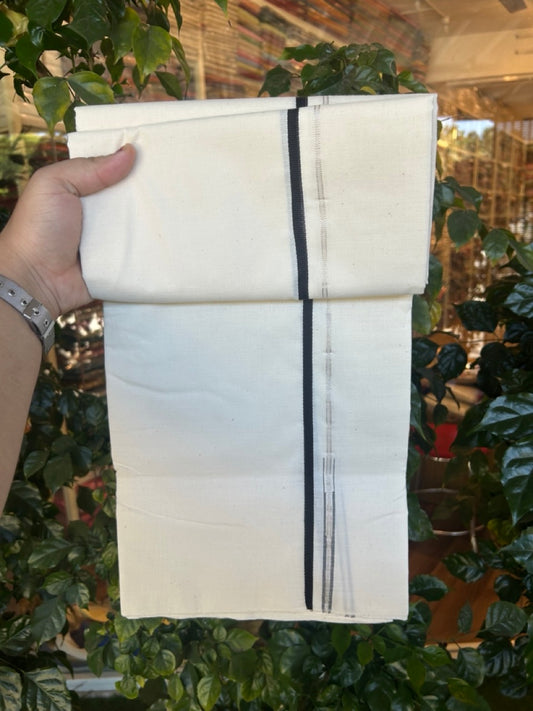 25% DISCOUNT!! SIGNATURE KAITHARIKADA EXCLUSIVE SINGLE DHOTI - 100% Cotton Balaramapuram HANDLOOM Single Mundu/Dhoti - Off White (Unbleached) 0.5 inch Puliyilakkara Silver Kasav & Black Chutty Kara (2 meter / 4 muzham) - 2 KK5293 KAI