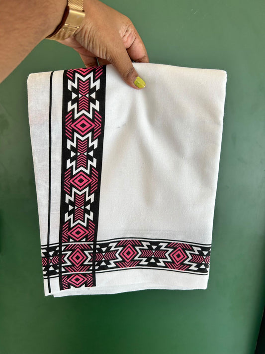 Single White Kerala Mund Polyster Mixed Cotton - (20s) - Kaily / Lungi - 2 inch Peach Printed Kara (2 meter / 4 muzham) - 1 KK8070 GAN