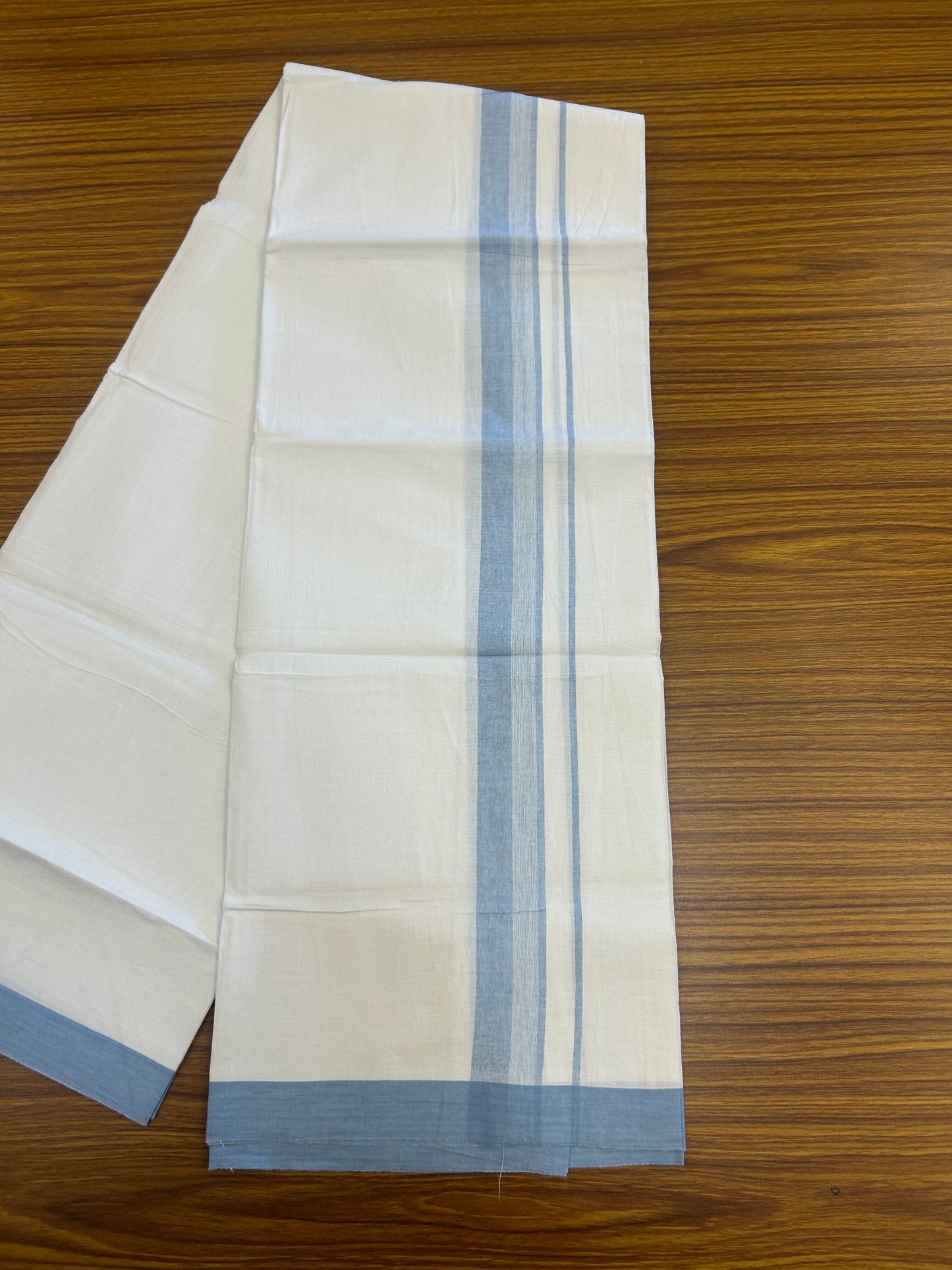 KaithariKada Balaramapuram 100% Cotton Single Pure White Mundu/Dhoti - (40s) - 1.5 inch Light Blue Shaded Stripes kara 2 mtr (4 muzham) - 60 KK5359 THI