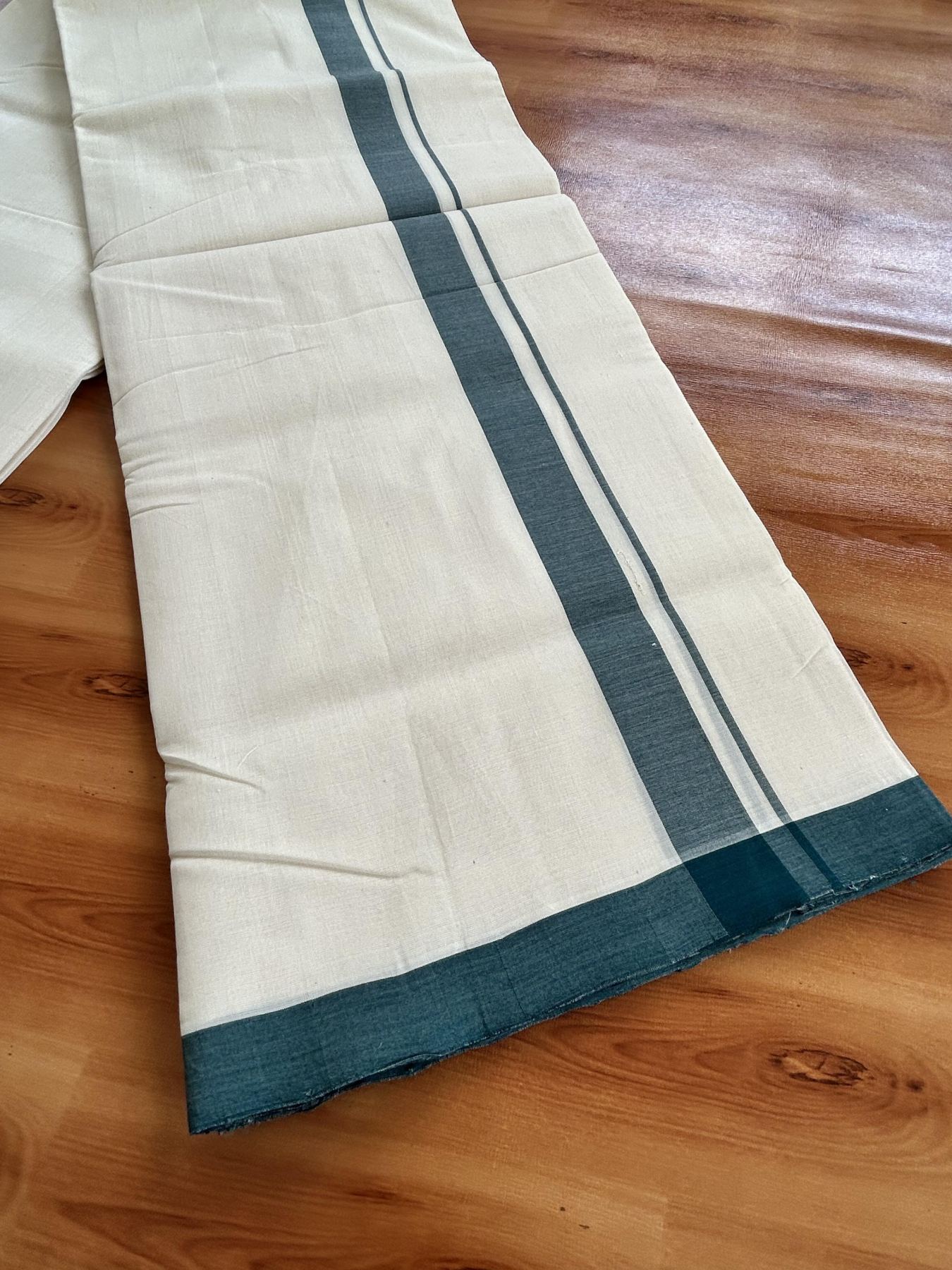 Double Off White (Unbleached) Mundu/Dhoti - 25% Discount!! KaithariKada Handloom Unakkupaav - Kerala Handloom - 100% Pure Cotton - 100x80 - 1 inch Dark Green Shaded Kara 4 meter (8.5 muzham) - 24 KK5436 REA