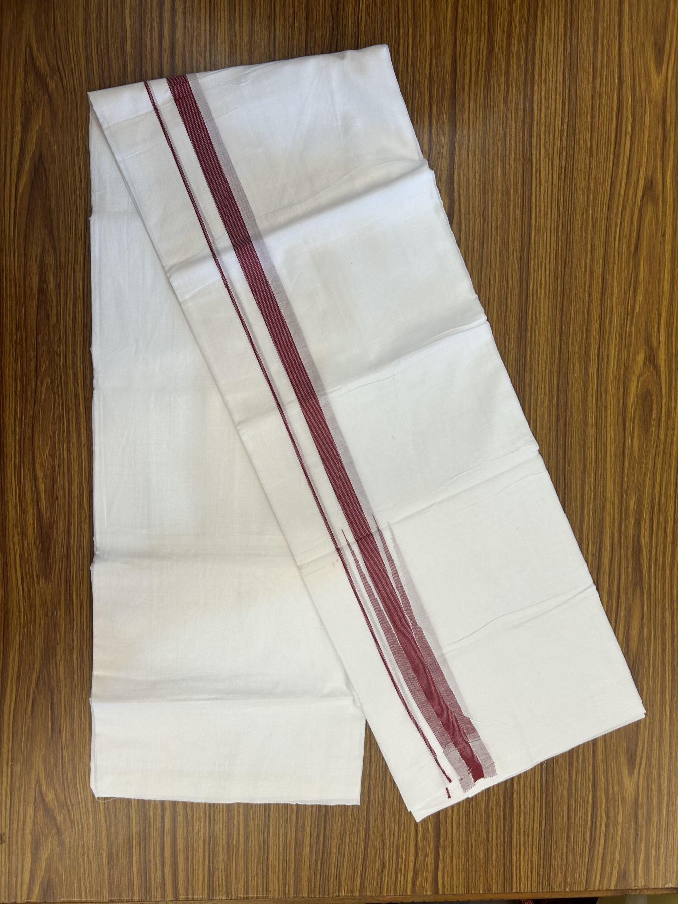 20% Discount ! Kaitharikada Balaramapuram 100% Cotton Pure White Double Mundu/Dothi - 100x80 - 1.5 cm Puliyilakkara Dark Magenta Striped Jacquard Chutty Kara 3.80 mtr (8 muzham) - 2 KK5334 THI