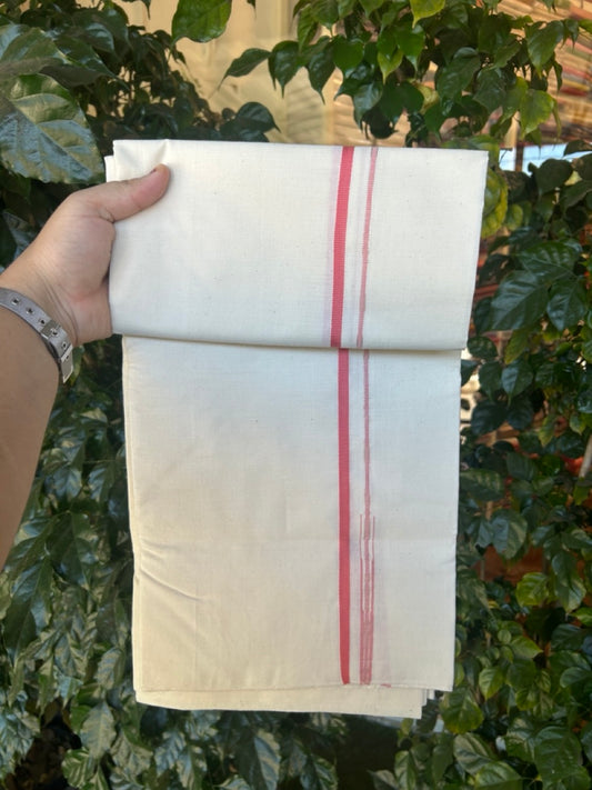 25% DISCOUNT!! SIGNATURE KAITHARIKADA EXCLUSIVE SINGLE DHOTI - 100% Cotton Balaramapuram HANDLOOM Single Mundu/Dhoti - Off White (Unbleached) 0.25 inch Puliyilakkara Silver Kasav & Peach Chutty Kara (2 meter / 4 muzham) - 3 KK5293 KAI
