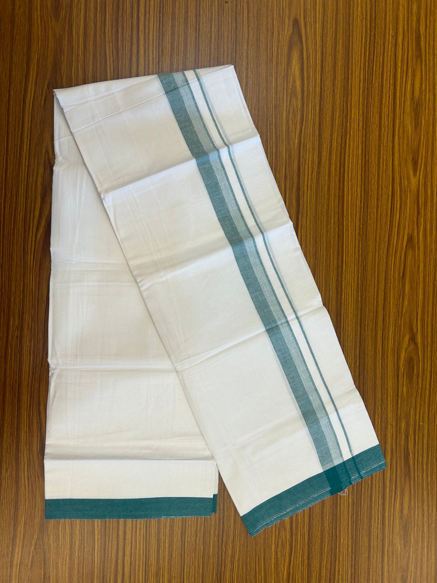 KaithariKada Balaramapuram 100% Cotton Single Pure White Mundu/Dhoti - (40s) - 1.5 inch Teal Green Shaded Stripes kara 2 mtr (4 muzham) - 58 KK5359 THI