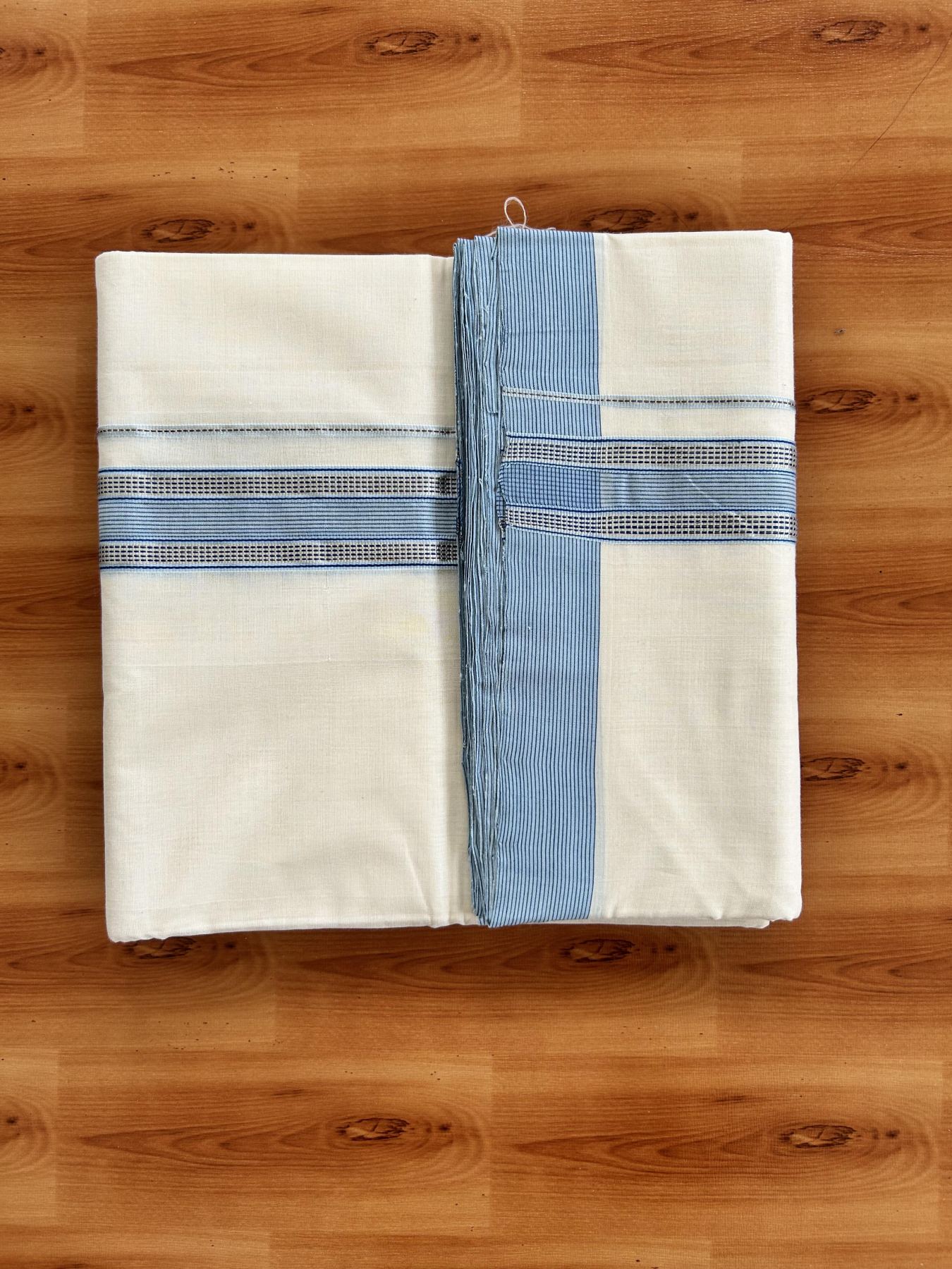 Double Off White (Unbleached) Mundu/Dhoti - 25% Discount!! KaithariKada Handloom Unakkupaav - Kerala Handloom - 100% Pure Cotton - 100x80 - 1.5 inch Light Blue & Dark Blue Silver Kasav Striped Kara 4 meter (8.5 muzham) - 25 KK5436 REA