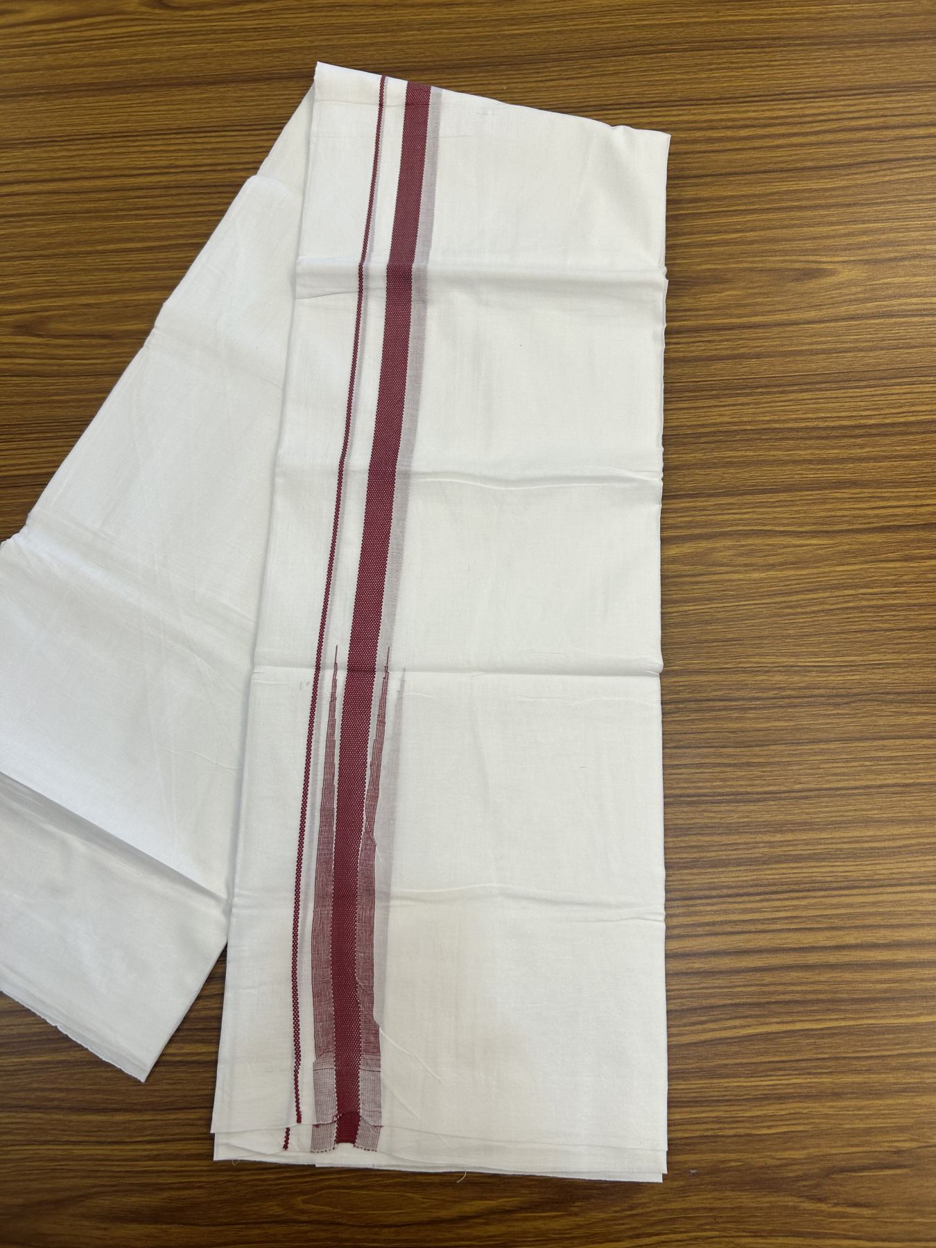 20% Discount ! Kaitharikada Balaramapuram 100% Cotton Pure White Double Mundu/Dothi - 100x80 - 1.5 cm Puliyilakkara Dark Magenta Striped Jacquard Chutty Kara 3.80 mtr (8 muzham) - 2 KK5334 THI