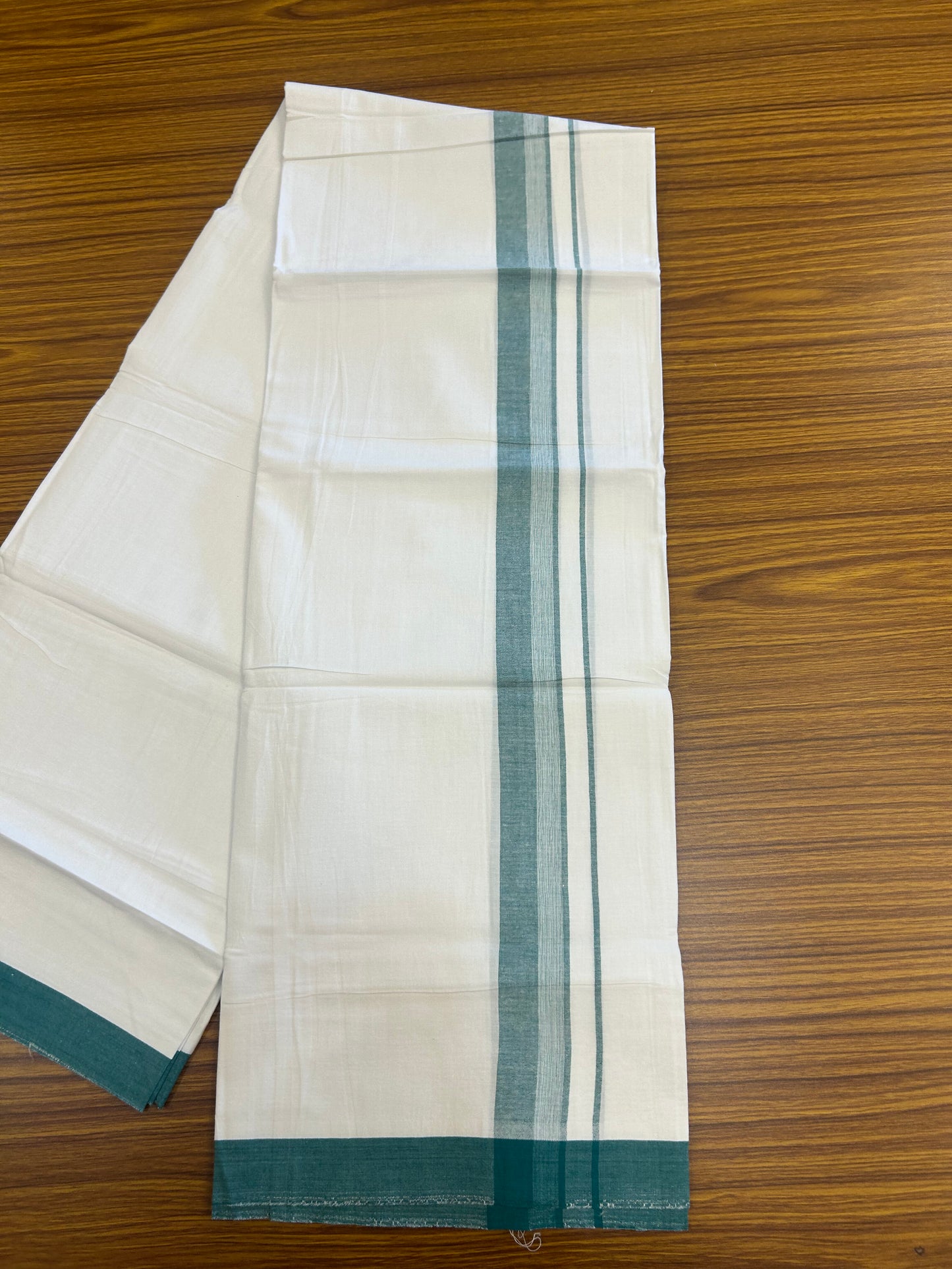 KaithariKada Balaramapuram 100% Cotton Single Pure White Mundu/Dhoti - (40s) - 1.5 inch Teal Green Shaded Stripes kara 2 mtr (4 muzham) - 58 KK5359 THI