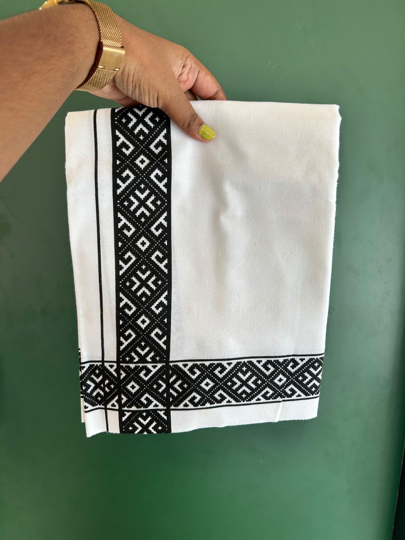 Single White Kerala Mund Polyster Mixed Cotton - (20s) - Kaily / Lungi - 2 inch Black Printed Kara (2 meter / 4 muzham) - 18 KK8070 GAN