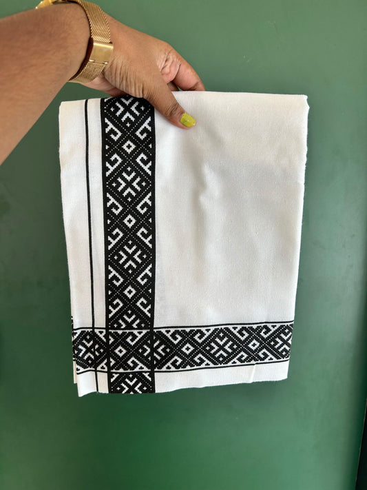 Single White Kerala Mund Polyster Mixed Cotton - (20s) - Kaily / Lungi - 2 inch Black Printed Kara (2 meter / 4 muzham) - 18 KK8070 GAN