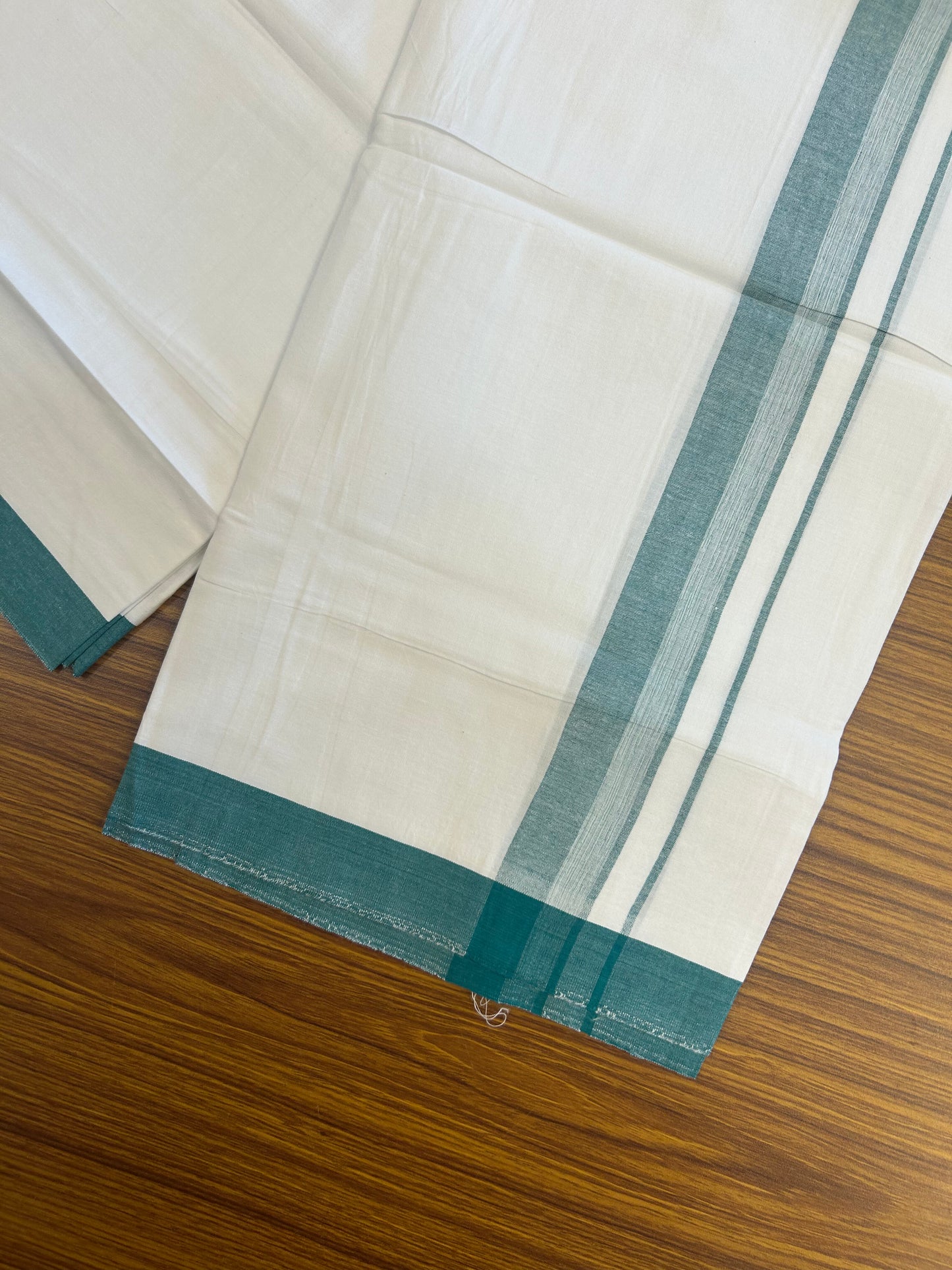KaithariKada Balaramapuram 100% Cotton Single Pure White Mundu/Dhoti - (40s) - 1.5 inch Teal Green Shaded Stripes kara 2 mtr (4 muzham) - 58 KK5359 THI