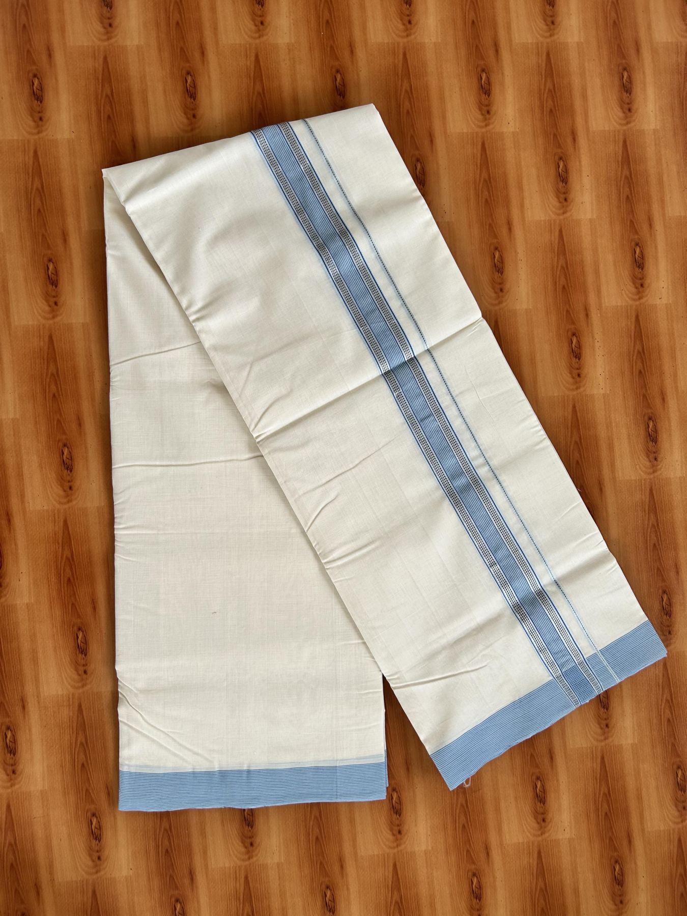 Double Off White (Unbleached) Mundu/Dhoti - 25% Discount!! KaithariKada Handloom Unakkupaav - Kerala Handloom - 100% Pure Cotton - 100x80 - 1.5 inch Light Blue & Dark Blue Silver Kasav Striped Kara 4 meter (8.5 muzham) - 25 KK5436 REA