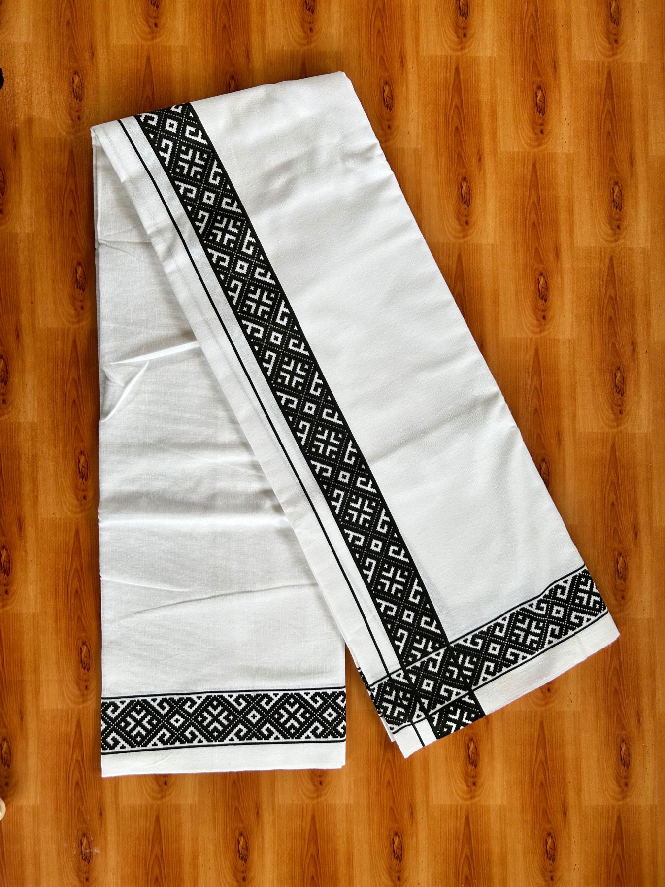 Single White Kerala Mund Polyster Mixed Cotton - (20s) - Kaily / Lungi - 2 inch Black Printed Kara (2 meter / 4 muzham) - 18 KK8070 GAN