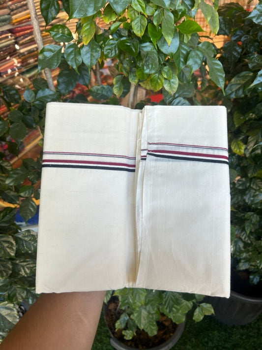 ADMK VESHTI - 20% DISCOUNT! KaithariKada 100% Cotton off white Double - (Unbleached) Mundu/Dhoti - 100X100 - 1 cm Black White & Maroon kara 4 mtr (8.5 muzham) - 11 KK5293 ASH
