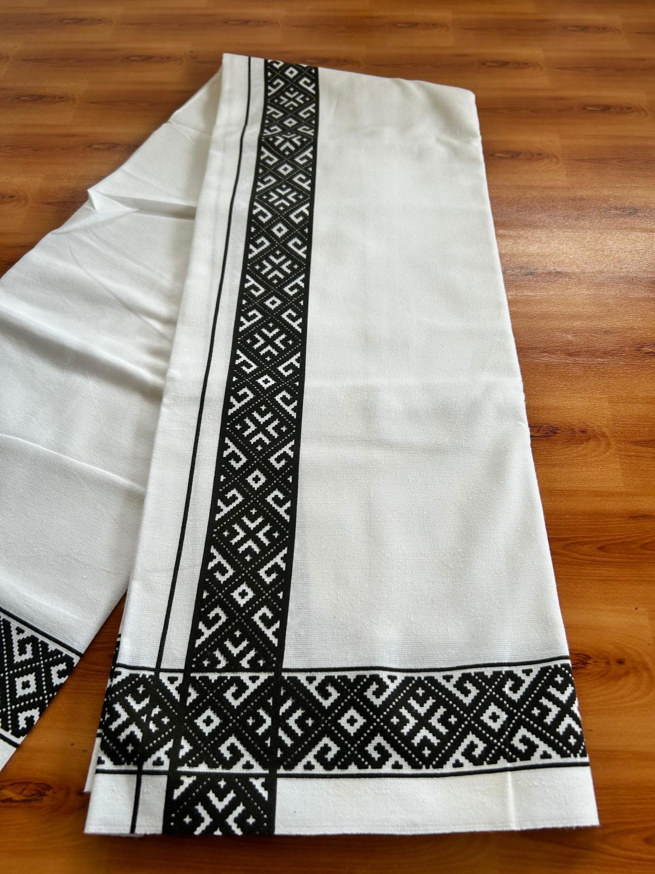Single White Kerala Mund Polyster Mixed Cotton - (20s) - Kaily / Lungi - 2 inch Black Printed Kara (2 meter / 4 muzham) - 18 KK8070 GAN