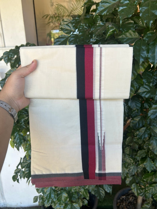 DMK Veshti - 20% DISCOUNT! KaithariKada 100% Cotton off white Double - (Unbleached) Mundu/Dhoti - 100X100 - 1.75 inch Puliyilakkara Black & Maroon Chutty kara - 12 KK5293 ASH
