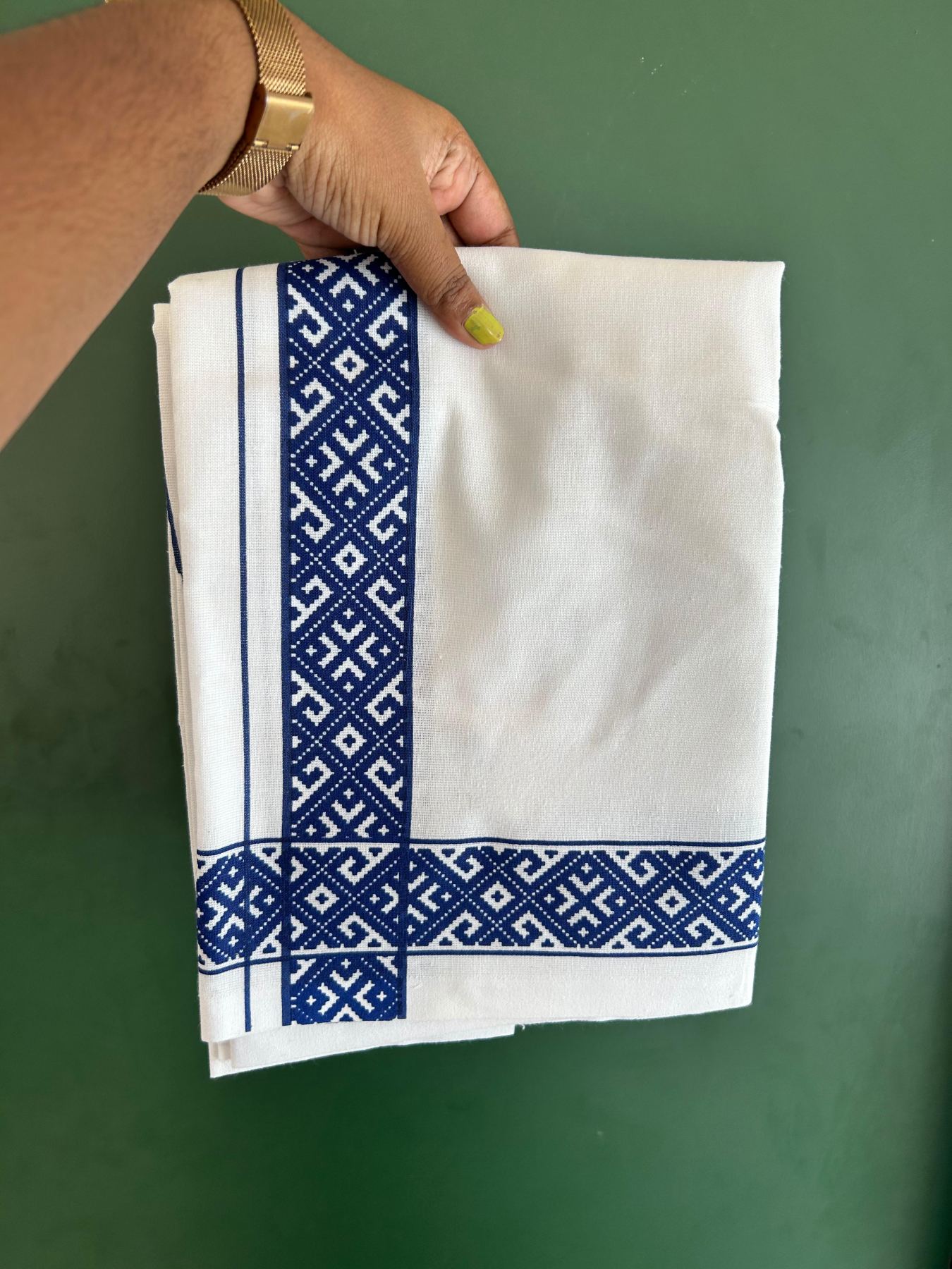 Single White Kerala Mund Polyster Mixed Cotton - (20s) - Kaily / Lungi - 2 inch Deep Blue Printed Kara (2 meter / 4 muzham) - 10 KK8070 GAN