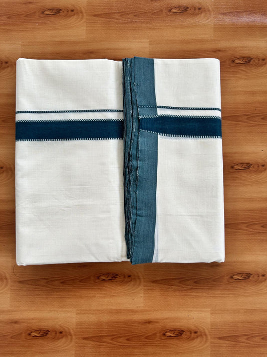 Double Off White (Unbleached) Mundu/Dhoti - 25% Discount!! KaithariKada Handloom Unakkupaav - Kerala Handloom - 100% Pure Cotton - 100x80 - 1 inch Dark Teal Green Designer Kara 4 meter (8.5 muzham) - 26 KK5436 REA