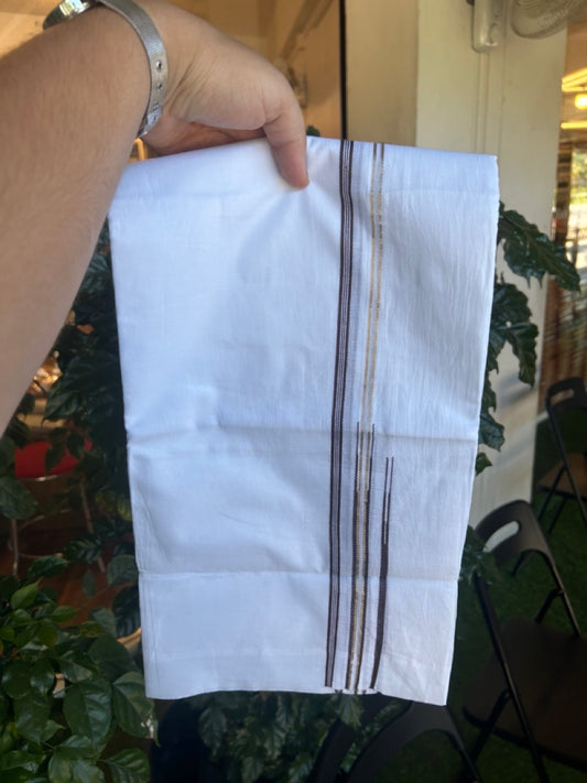 20% Discount! KaithariKada Balaramapuram 100% Cotton Double Pure white Mundu/Dhoti- 100x100 - 0.25 inch Silver Brown Striped One Side Double Chutty kara - 3.90mtr ( 8 muzham) - 13 KK5293 CKS