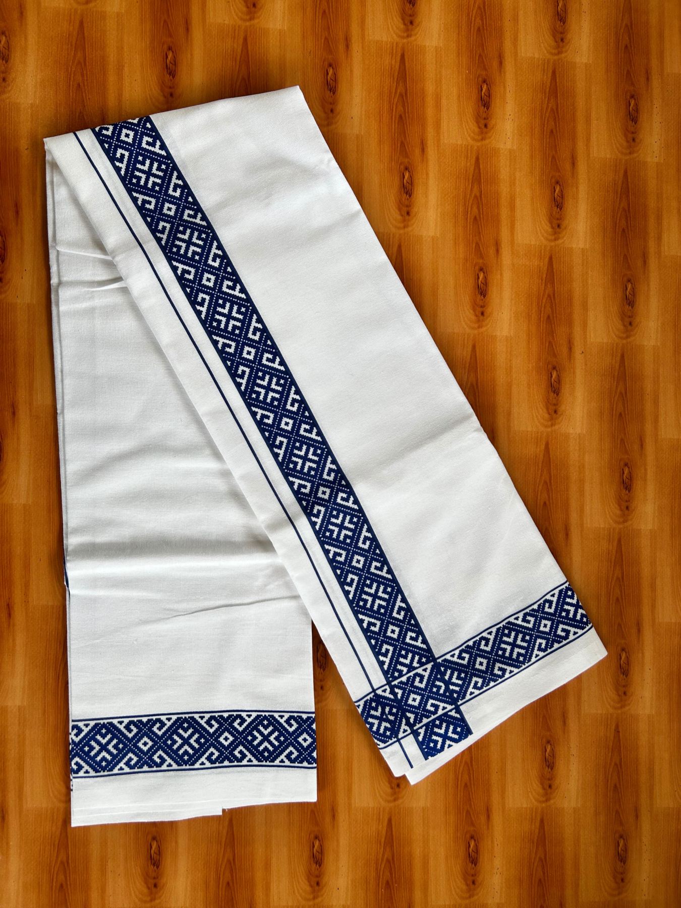 Single White Kerala Mund Polyster Mixed Cotton - (20s) - Kaily / Lungi - 2 inch Deep Blue Printed Kara (2 meter / 4 muzham) - 10 KK8070 GAN