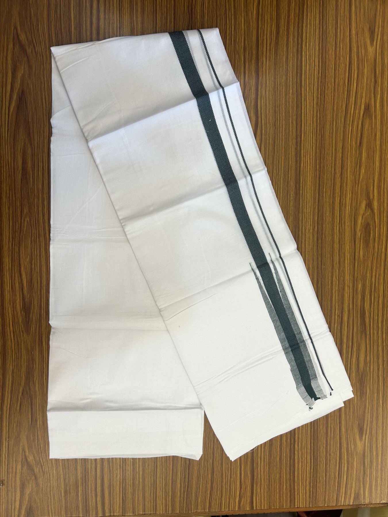 20% Discount ! Kaitharikada Balaramapuram 100% Cotton Pure White Double Mundu/Dothi - 100x80 - 0.5 inch Puliyilakkara Green Striped Jacquard Chutty Kara 3.80 mtr (8 muzham) - 4 KK5334 THI