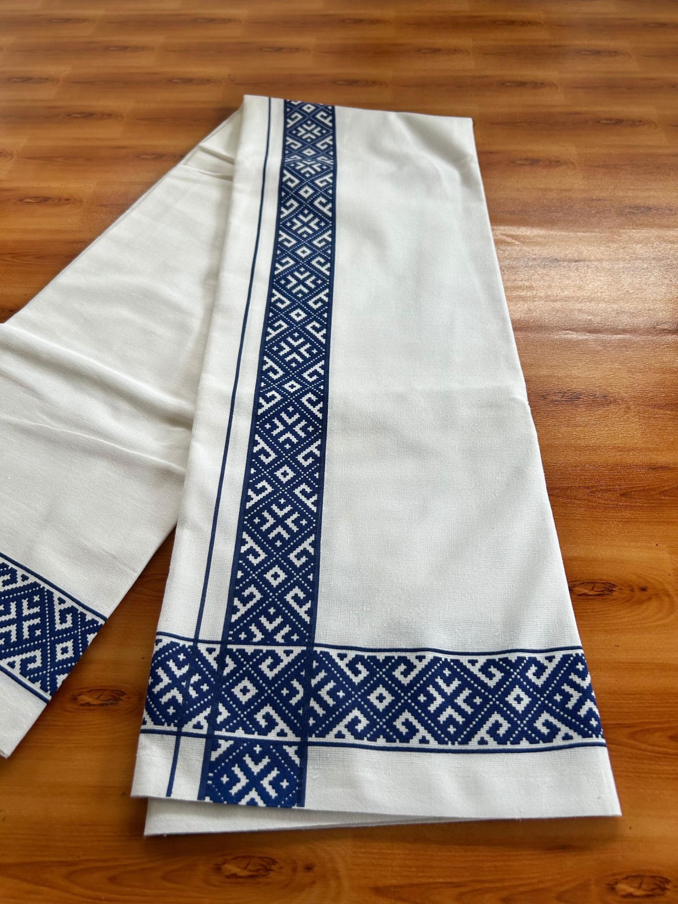 Single White Kerala Mund Polyster Mixed Cotton - (20s) - Kaily / Lungi - 2 inch Deep Blue Printed Kara (2 meter / 4 muzham) - 10 KK8070 GAN