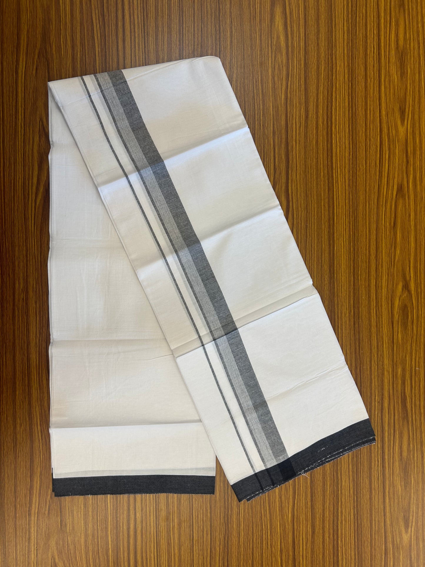 KaithariKada Balaramapuram 100% Cotton Single Pure White Mundu/Dhoti - (40s) - 1.5 inch Black Shaded Stripes kara 2 mtr (4 muzham) - 64 KK5359 THI