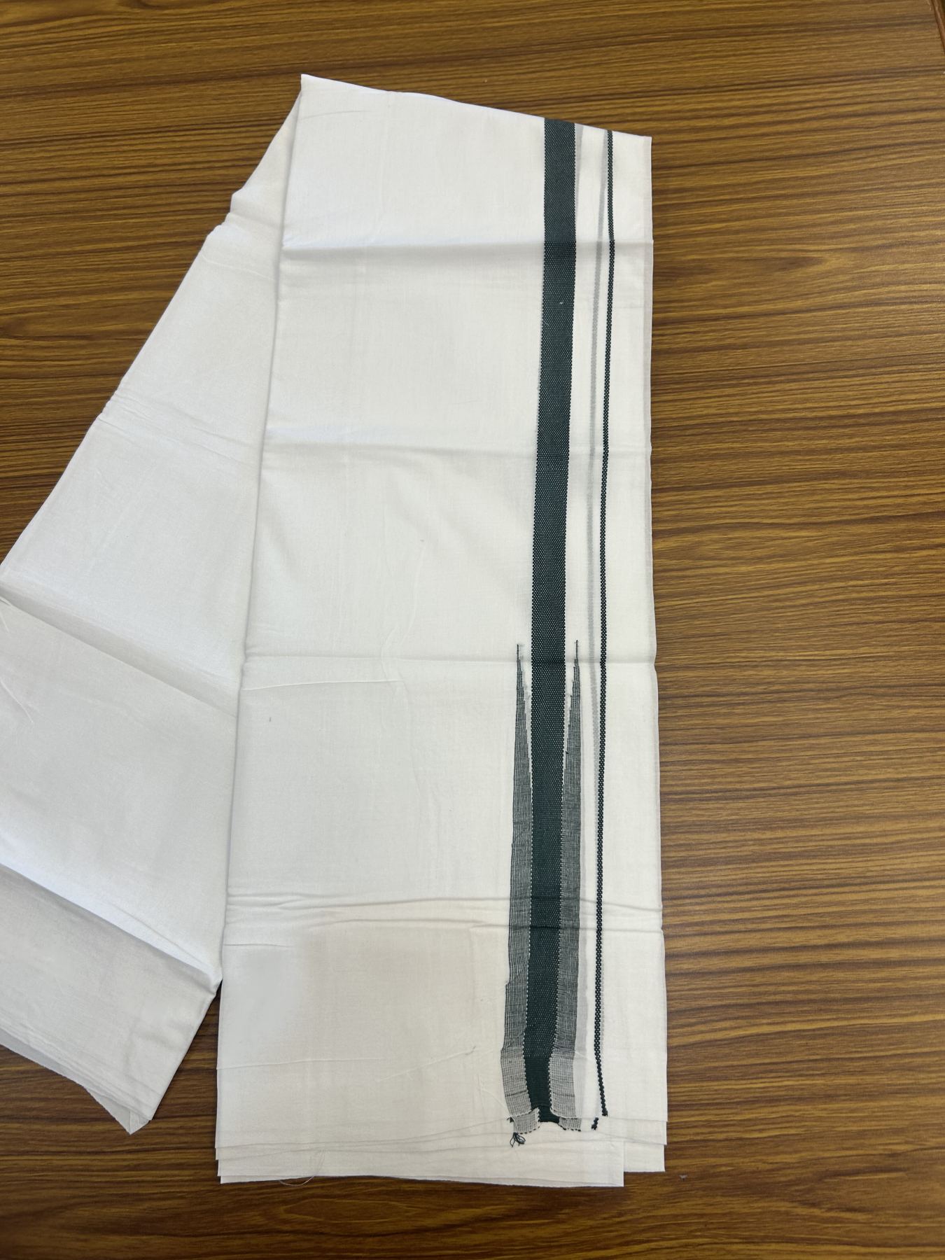 20% Discount ! Kaitharikada Balaramapuram 100% Cotton Pure White Double Mundu/Dothi - 100x80 - 0.5 inch Puliyilakkara Green Striped Jacquard Chutty Kara 3.80 mtr (8 muzham) - 4 KK5334 THI