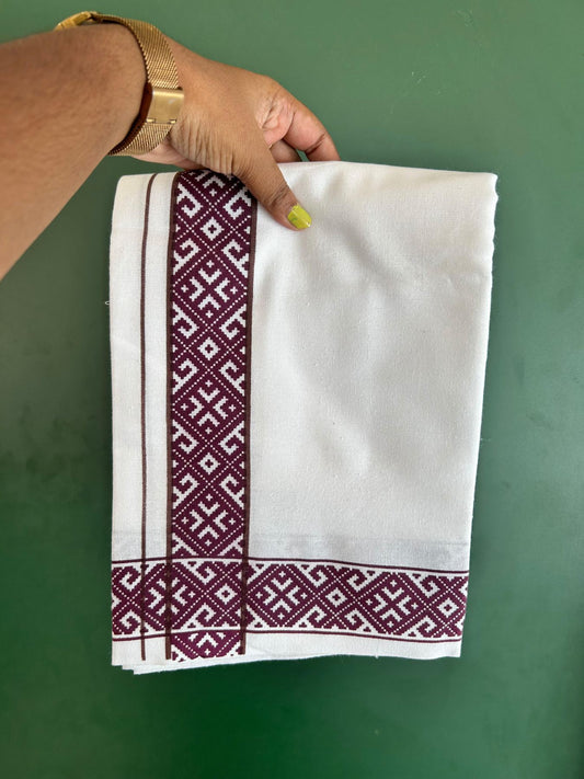 Single White Kerala Mund Polyster Mixed Cotton - (20s) - Kaily / Lungi - 2 inch Brown & Wine Printed Kara (2 meter / 4 muzham) - 12 KK8070 GAN