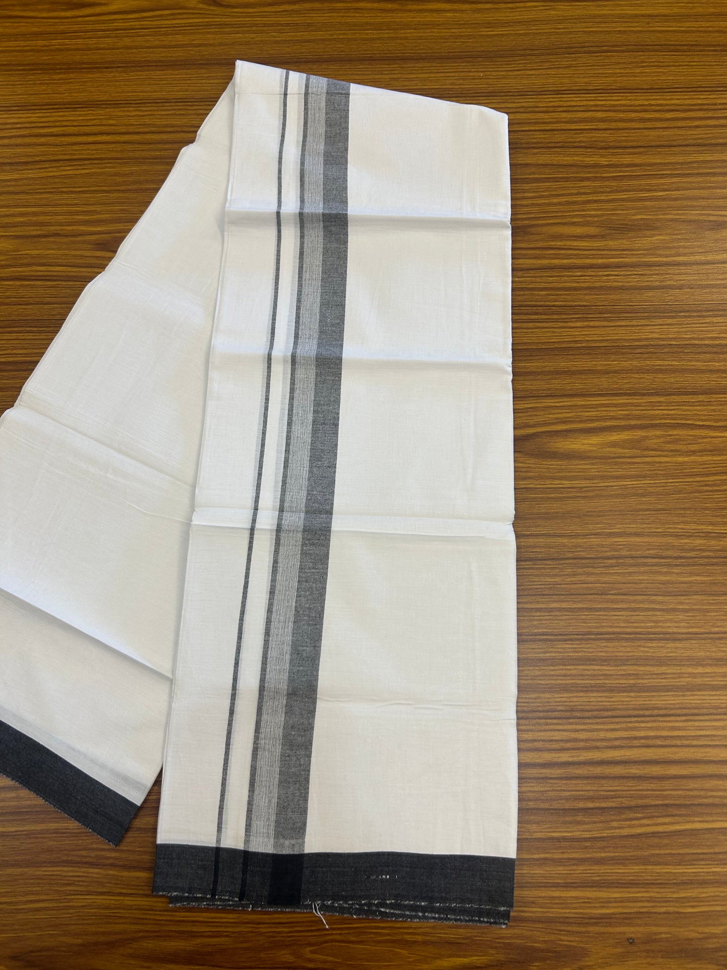 KaithariKada Balaramapuram 100% Cotton Single Pure White Mundu/Dhoti - (40s) - 1.5 inch Black Shaded Stripes kara 2 mtr (4 muzham) - 64 KK5359 THI