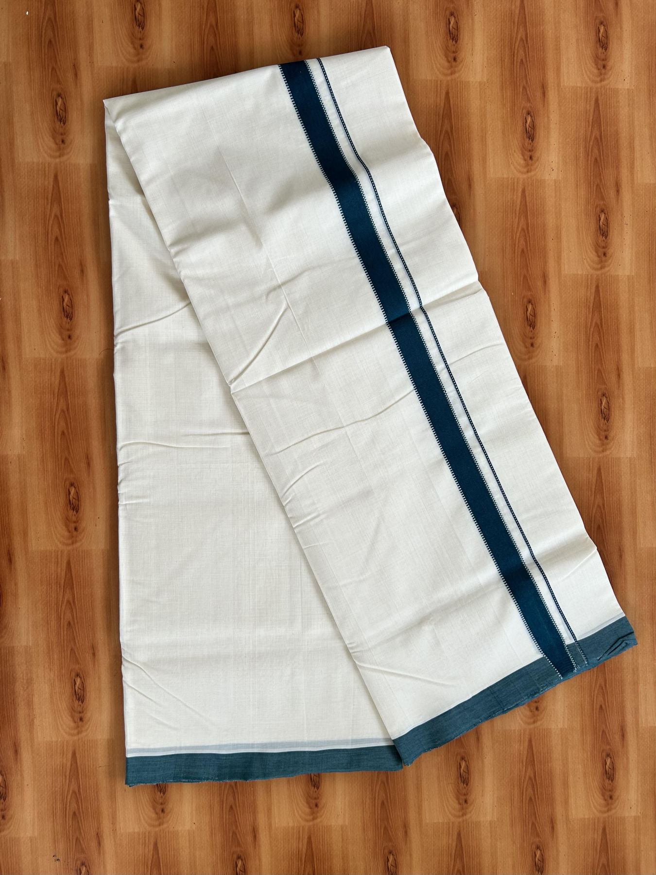 Double Off White (Unbleached) Mundu/Dhoti - 25% Discount!! KaithariKada Handloom Unakkupaav - Kerala Handloom - 100% Pure Cotton - 100x80 - 1 inch Dark Teal Green Designer Kara 4 meter (8.5 muzham) - 26 KK5436 REA