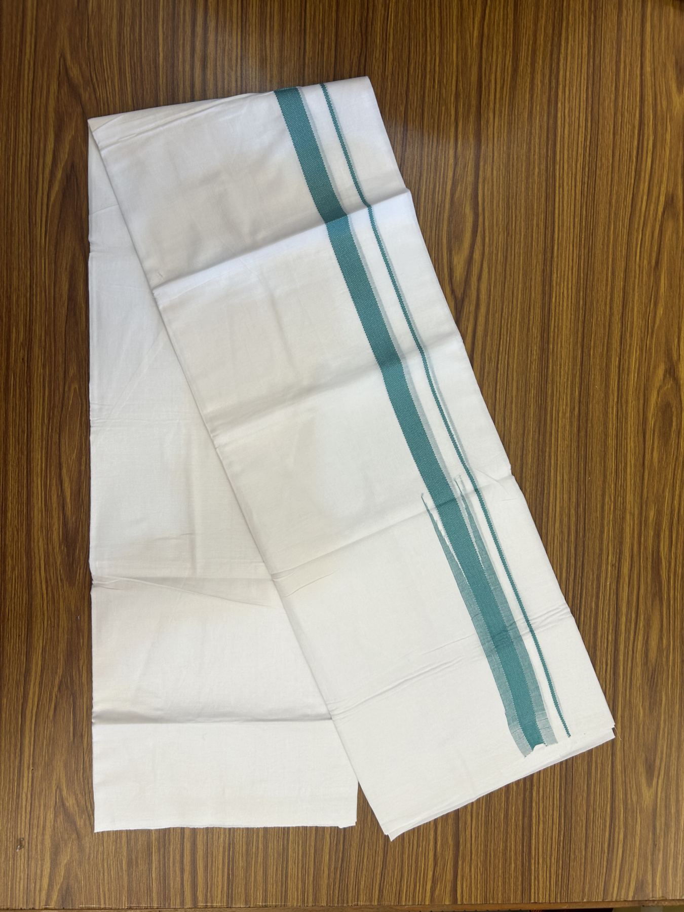 20% Discount ! Kaitharikada Balaramapuram 100% Cotton Pure White Double Mundu/Dothi - 100x80 - 0.75 inch Puliyilakkara Dark Cyan Striped Jacquard Chutty Kara 3.80 mtr (8 muzham) - 5 KK5334 THI